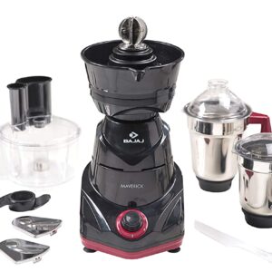 Bajaj Maverick Mixer Grinder, 750W, 3 Jars, Food Processor Bowl and Coconut Scraper (Black)