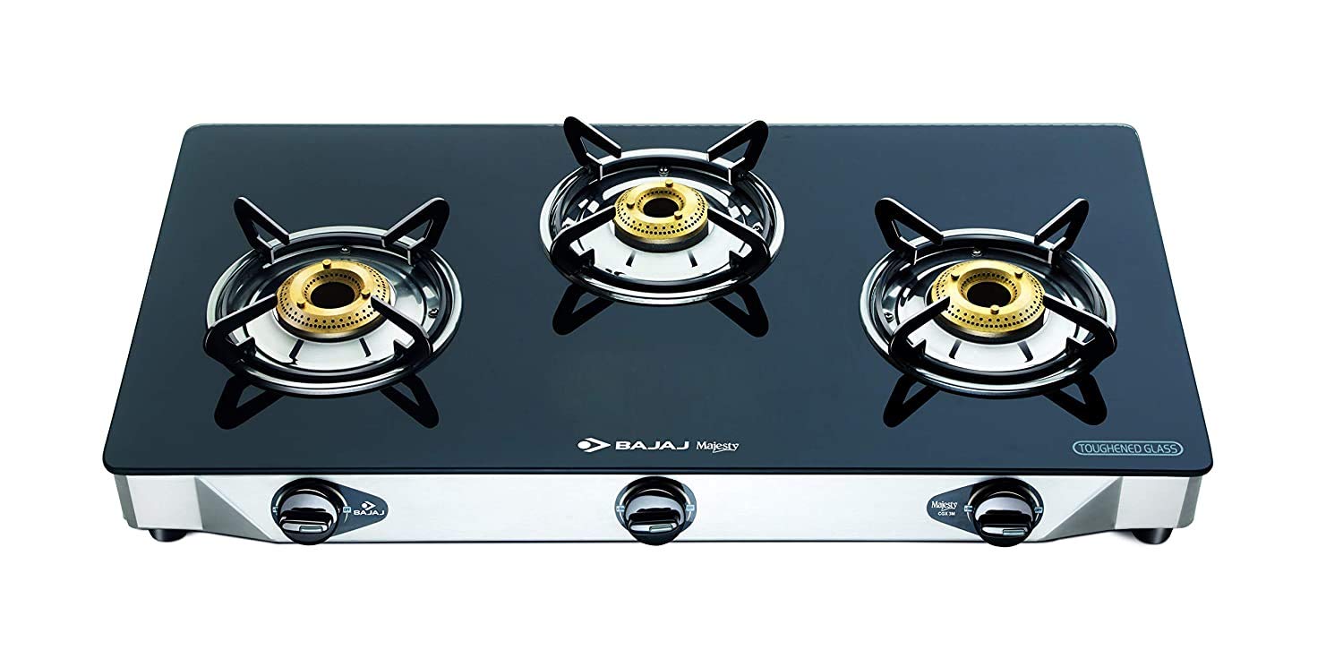 Bajaj GP6, 3-Burner Stainless Steel GlasStoves (Black, ISI Certified)
