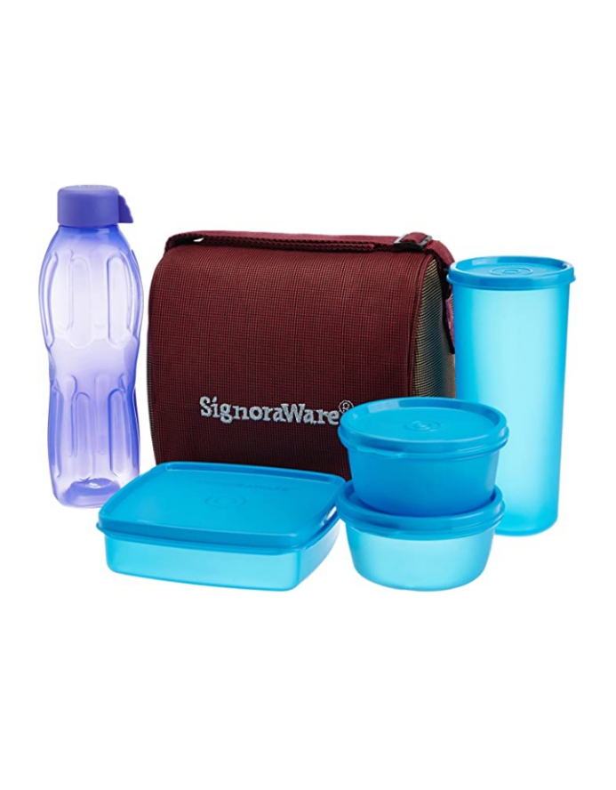 Signoraware Best Lunch Jumbo with Bag, 9-Pieces, T Blue + 1-Piece Free Aqua Bottle (500ml)