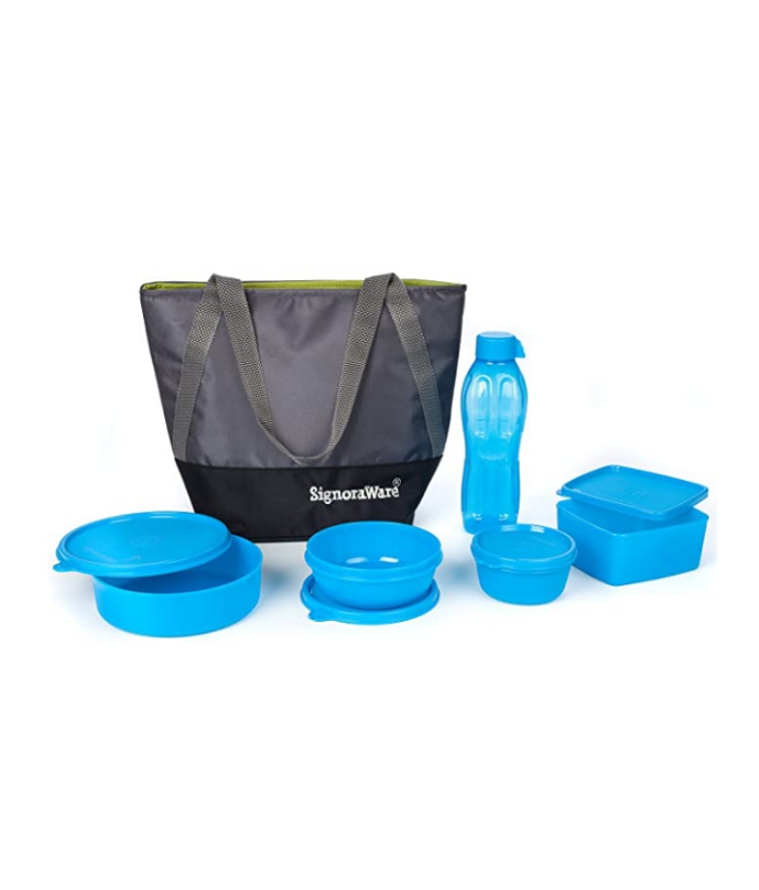 Signoraware Sling Jumbo Plastic Lunch Box Set, 5-Pieces, Blue