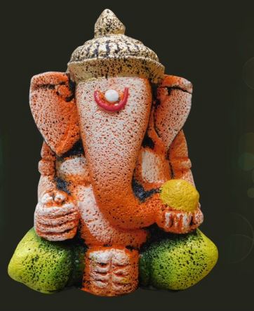 Green And Orange Coloured Synthetic Marble Antique Ganesha With Mukut