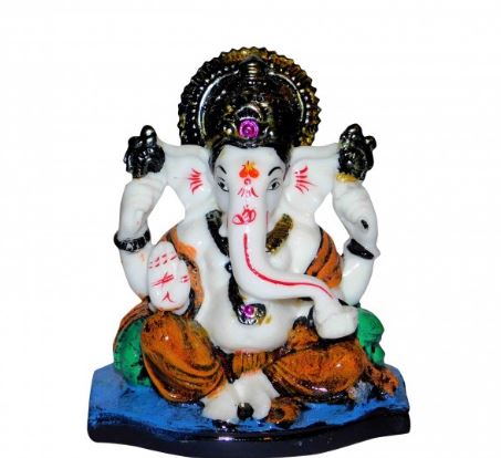 Multi Coloured Synthetic Marble Sitting Ganesha With Mukut