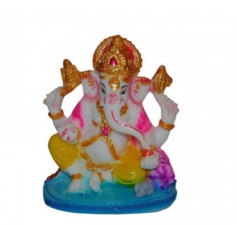 Multi Coloured Synthetic Marble Sitting Ganeshji With Mukut