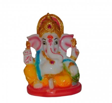 Multi Coloured Synthetic Marble Sitting Round Base Ganesha With Mukut