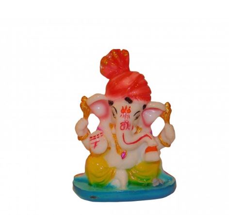 Multi Coloured Synthetic Marble Sitting Round Base Ganeshji With Pagdi