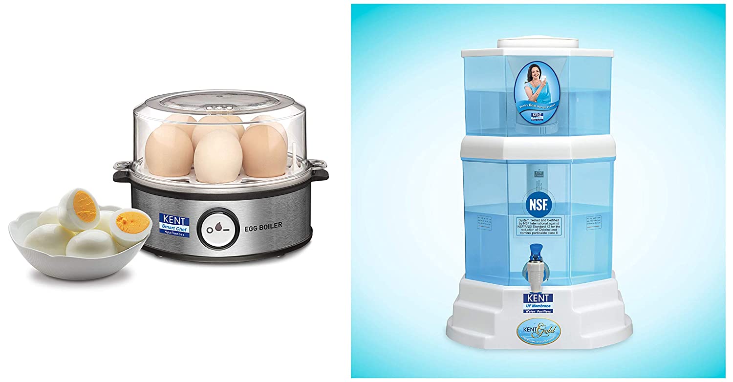 Kent Instant Egg Boiler 360-Watt (Transparent and Silver Grey) & KENT Gold Optima 10-Litres Gravity Based Non-electric Water Purifier (Aqua Blue/White)