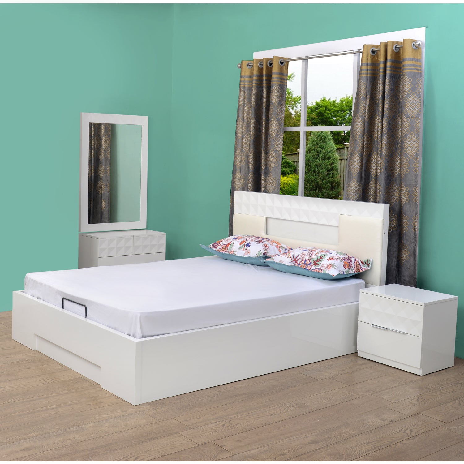 Theia King Bedroom Set With Night Stand And Dresser (White)