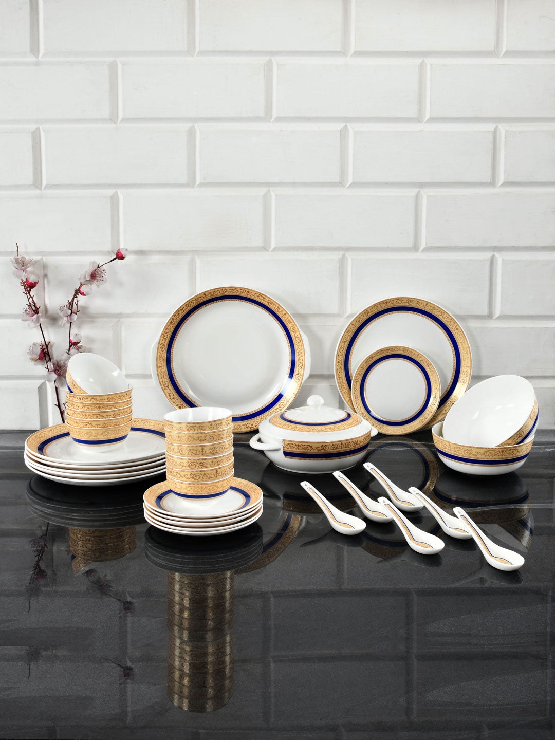 Plain Gold Line Dinner Set - 35 Pieces (White & Blue)