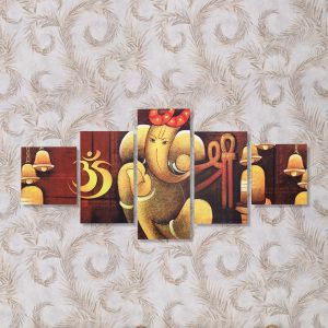 Om Ganesha Round Painting With 5 Panel (Brown)