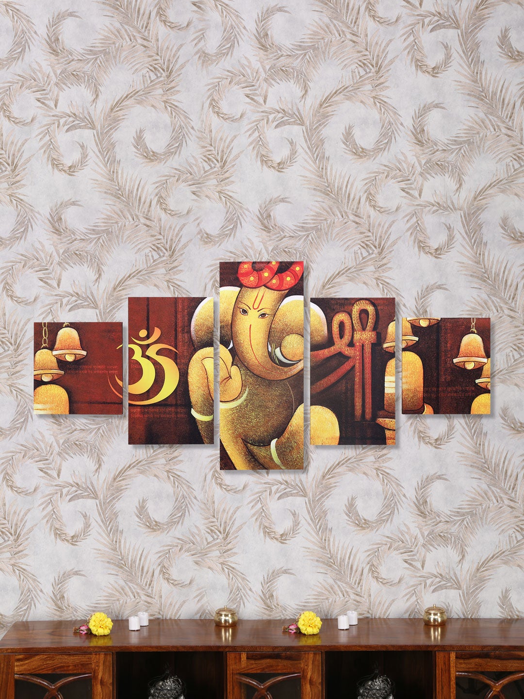 Om Ganesha Round Painting With 5 Panel (Brown)