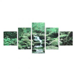 Waterfall At Forest Painting With 5 Panel (Emerald)
