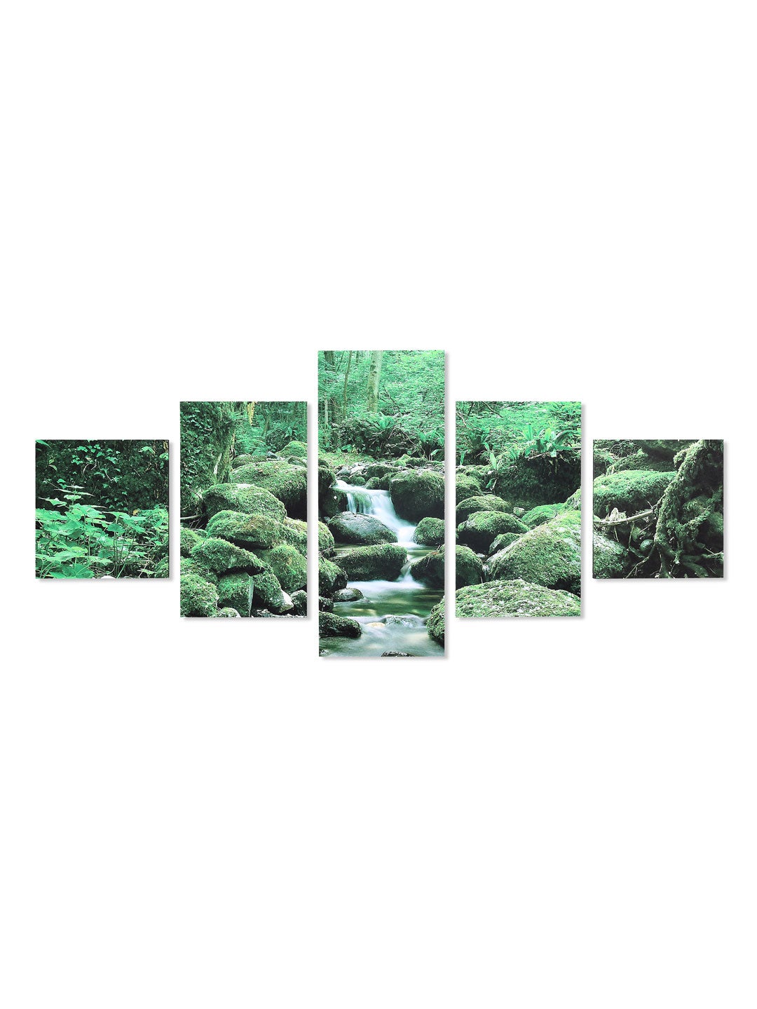 Waterfall At Forest Painting With 5 Panel (Emerald)
