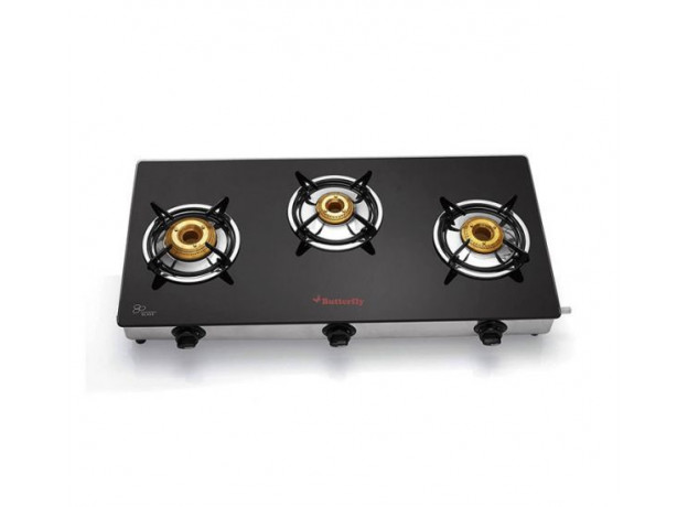 Butterfly | Radiant 3B Jumbo 3 Burner Glass Top | Gas Stove | Black