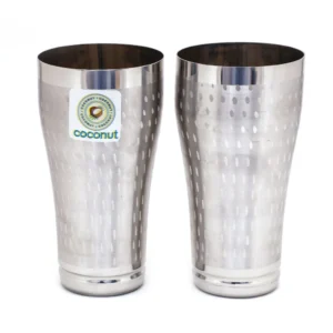 Coconut Stainless Steel Tall Glasses Set Of 2 - Capacity 650ml Each, Shower Finish, Heavy Gauge, Durable, Food Grade, BPA Free, Model-A28, Drinking Glass For Serving Water / Juice / Lassi / Bournvita