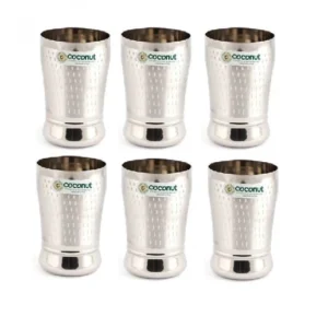 Coconut Stainless Steel Glasses - Capacity 300ml, Shower Finish, Heavy Gauge, Durable, Food Grade, BPA Free, Model-A23, Drinking Glass For Serving Water / Juice / Beverages Pack of 6pc
