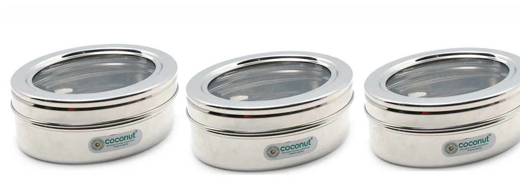 Coconut Stainless Steel Chintu C-thru Box - Set of 3( small), Oval Box, Mirror Finish, Strong, Sturdy, Lunch Box/ Dabba / Dibba / Container / Canister / Storage Dabba for Fridge / Utility box / Storage Kitchen Organizer, Model - S36, Chintu C-thru