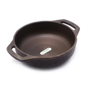 Coconut cast iron flat kadai - pre seasoned with 100% vegetable oil with natural oven heated golden finish, food grade , smooth surface ready to use 11inch