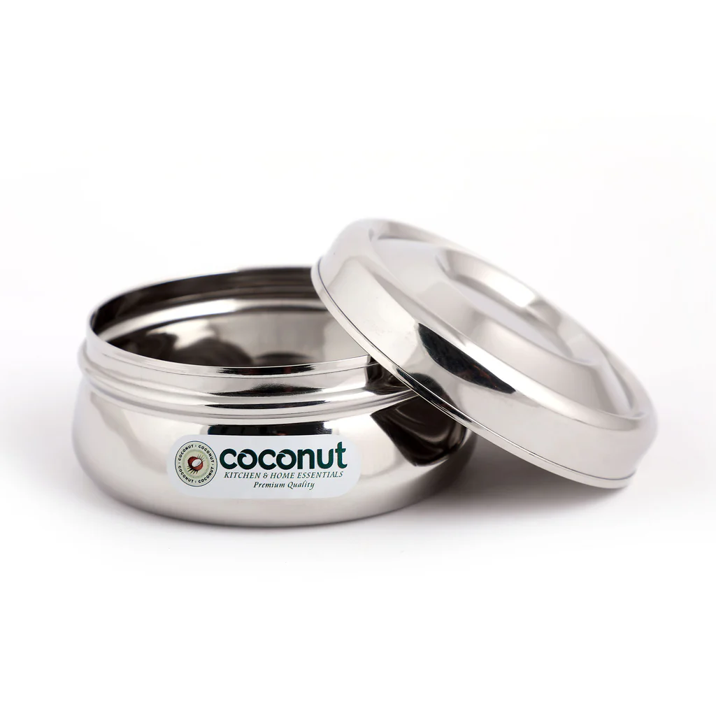 Coconut Stainless Steel Dhanush Dabba - Food Grade, Strong, Heavy Gauge, Sturdy, Long Lasting, Mirror Finish, Tiffin Box / Lunch Box / Fridge Box / Storage Box / Dibba / Boxes / Storage Containers / Multipurpose Box / Grocery Box, Model - S2 Dhanush Dabba Size: No.8
