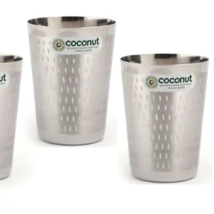 Coconut Stainless Steel Glasses - Capacity 250ml, Shower Finish, Heavy Gauge, Durable, Food Grade, BPA Free, Model-A22, Drinking Glass For Serving Water / Juice / Beverages Premium Quality: Crafted from high-grade stainless steel, this water glass ensures durability and long-lasting use. Eco-Friendly: Say goodbye to disposable plastic cups and embrace this reusable, eco-friendly alternative. Versatile: Perfect for everyday use at home, office, or outdoors, this water glass is a versatile hydration solution. Design: Its Shower Finish, Sleek and Modern design adds a touch of elegance to your table setting. Hygienic: Stainless steel construction makes it easy to clean and prevents odors or flavors from lingering. Safe to Use: BPA-free and non-toxic, ensuring safe drinking experience for you and your family. Product Dimensions: Length - 7.5cm, Width - 7.5cm, Height - 10cm, Capacity - 250ML, 105gm each. Pack of 6 Pack of 3