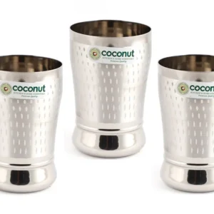 Coconut Stainless Steel Glasses - Capacity 300ml, Shower Finish, Heavy Gauge, Durable, Food Grade, BPA Free, Model-A23, Drinking Glass For Serving Water / Juice / Beverages Pack of 3pc