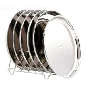 Coconut Stainless Steel Plate - Pack of 6, 22 Gauge, Mirror Finish, Solid, Dinner Plate / Meal Plate / Serving Plate/ Thali, Model-22g Beeding Plate size 15- (34cm wide)-pack of 6