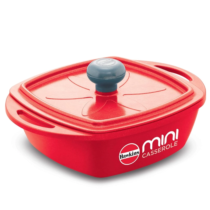 Hawkins Aluminium 0.75 liter Mini Casserole With Lid, Square Series Die-Cast Pan For Cooking, Reheating, Serving And Storing. Colour Red