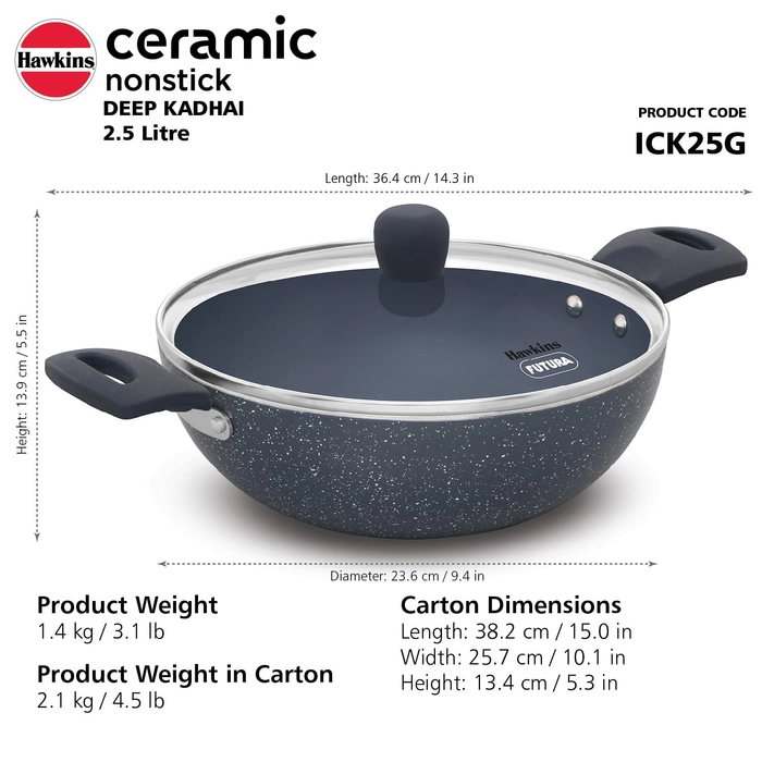 Hawkins Ceramic Nonstick Deep Kadhai, Induction Deep Fry Pan, Granite Kadai With Glass Lid 24 Cm | 2.5 Ltr