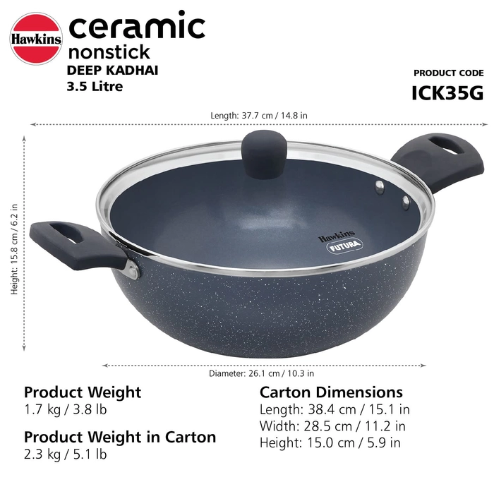 Hawkins Ceramic Nonstick Deep Kadhai, Induction Deep Fry Pan, Granite Kadai With Glass Lid 26 Cm | 3.5 Ltr