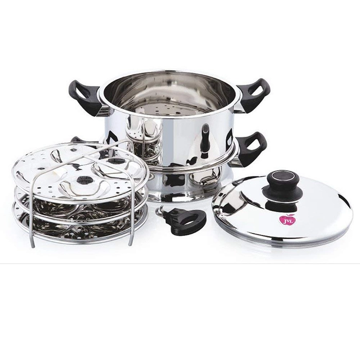 JVL Stainless Steel Round Idly and Dhokla Maker Steamer - Small | Induction Compatible Full Set (10 Pcs)