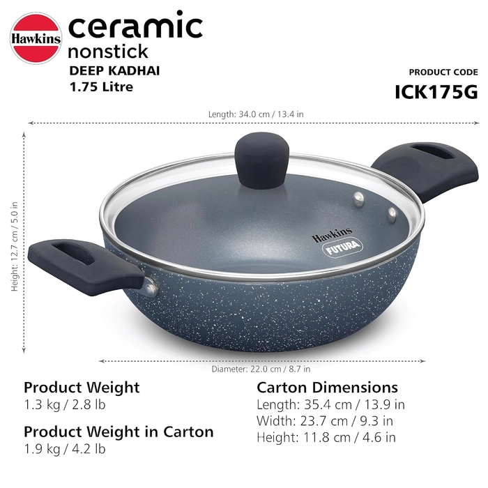 Hawkins Ceramic Nonstick Deep Kadhai, Induction Deep Fry Pan, Granite Kadai With Glass Lid 22 Cm | 1.75 Ltr