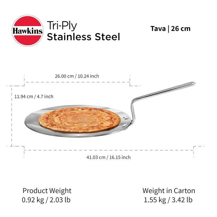 Hawkins Tava, Triply Stainless Steel Tawa, Induction Tawa, Silver 26 Cm