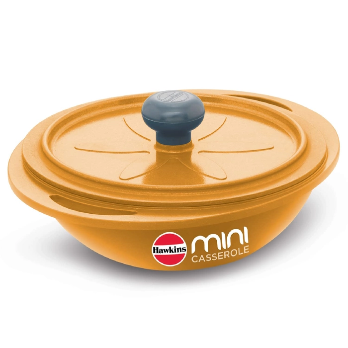 Hawkins Aluminium 0.75 Liter Mini Casserole with Lid, Round Series Die-Cast Pan for Cooking, Reheating, Serving and Storing. Yellow
