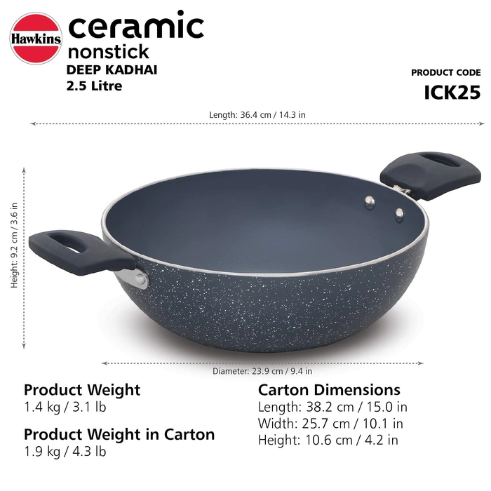 Hawkins Ceramic Nonstick Deep Kadhai, Induction Deep Fry Pan, Granite Kadai Without Lid 24 Cm | 2.5 Ltr