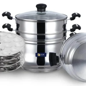 LLM Stainless Steel 5-in-1 Multi-Purpose Steamer with Idly Plates, Steamer Bowl & Strainer Bowl | Induction & Standard Idli Maker (4 Plates)