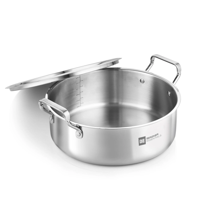 Bergner BE Bergner Essentials TriPly Stainless Steel Shallow Biryani Pan with Stainless Steel Lid, Shallow Tope/Langri for Biryani, Induction & Gas Compatible, 5-Year Warranty 24 Cm | 3.5 Ltr