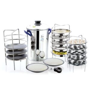 JVL Stainless Steel 15-Piece Multi-Purpose Idly Maker Set - Thatte Idly, Idiyappam, Dhokla & Mini Idly Plates with Stand