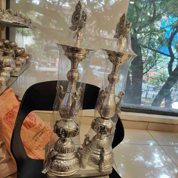 Antiq German Silver Asta Lakshmi Diya Pair 21inch