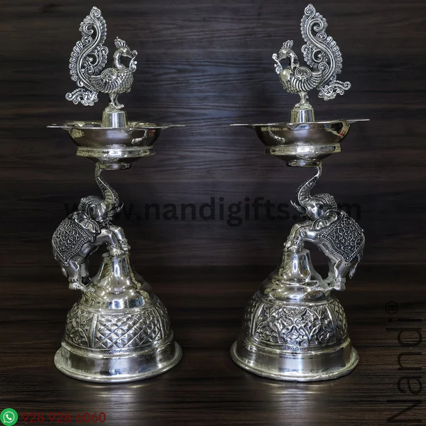 Antiq German Silver Elephant Peacock Diya pair 11 inch