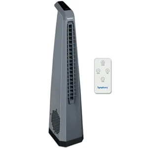 Symphony Surround-i High Speed Bladeless Technology Tower Fan for Home With Touchscreen Control Panel, Remote, and Swivel Action (Grey)