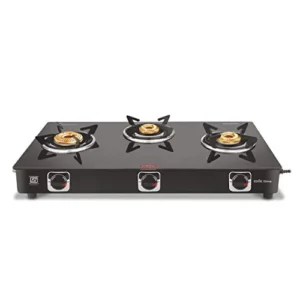 Vidiem Edge Shine Glass 3 Burner Gas Stove (Black, Manual Ignition)