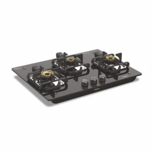 Vidiem Vogue V1-3 Burner Gas Cooktop/Hob - World's First Fully Removable Burner Assembly, Toughened Glass, Hexa Flame Brass Burners