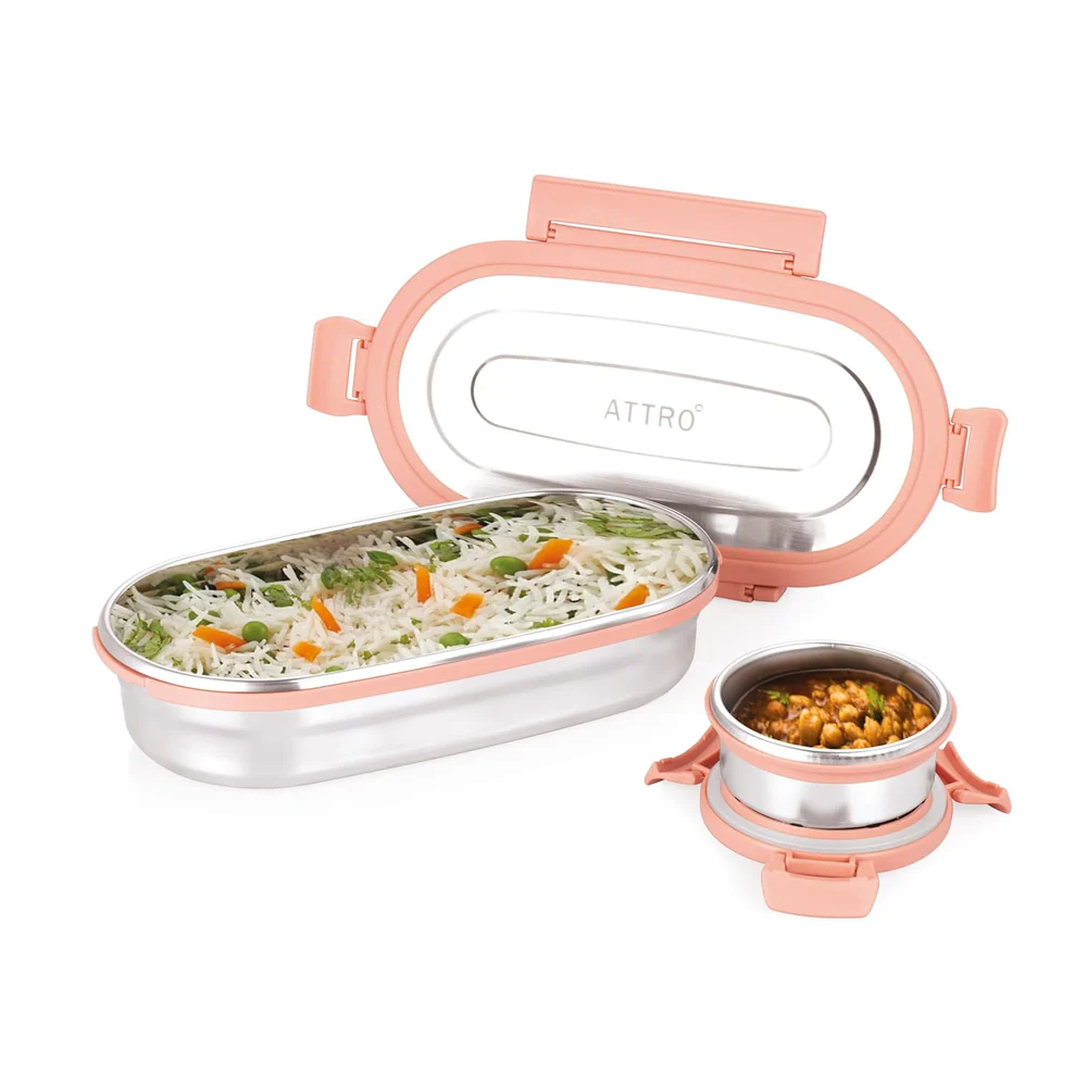 Oval Stainless Steel Lunch Box with 1 Small Box Compact Design Airtight Leak Proof Lunch Box for Office, School, Picnic-650Ml+100Ml