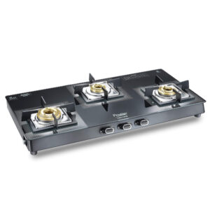 Prestige Vectra 3 Burner Glasstop Gas Stove | Toughened Glass | one Jumbo Brass Burner