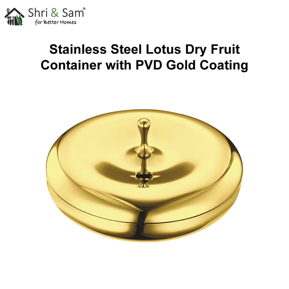 shriandsam Stainless Steel Lotus Dry Fruit Container with PVD Gold Coating Color: Gold
