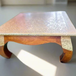 LIME Wooden Chowki | Brass Work Pooja Bajot Stool | Home Decor Sitting Table - 16 Inch