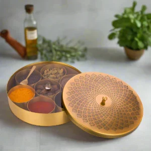 Pipal Rasoi Antique Brass Masala Dabba - Traditional Spice Box with 7 Compartments - 8 Inch
