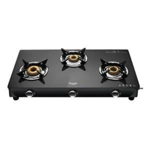 Preethi Valentino Glass Top 3 Burner Gas Stove, Manual Ignition, Black