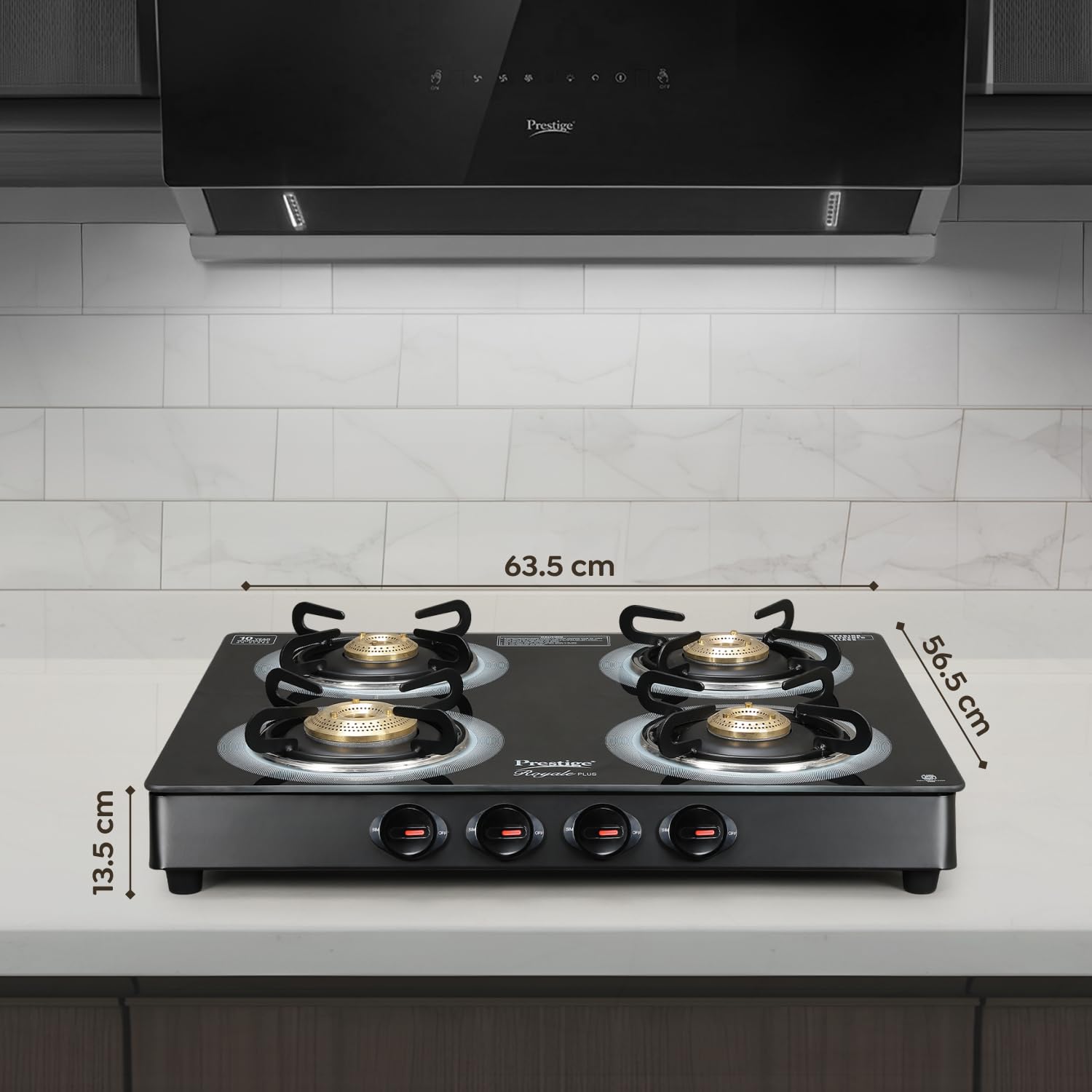 Prestige Royale Plus GT 04 Toughened Black Glass Top Gas Stove(Manual, 4 Brass Burners, Black, Baati/Tandoor Stand Inside) - Image 2