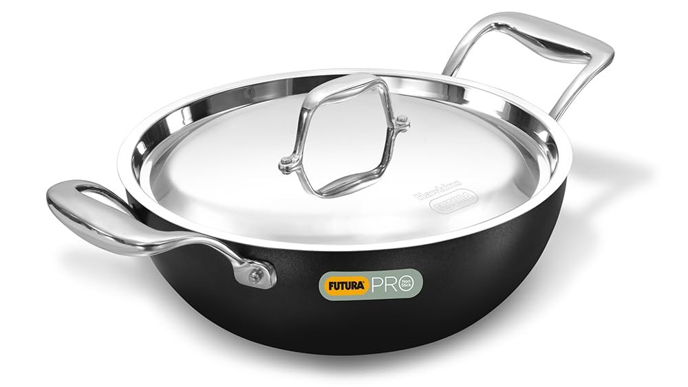 Hawkins Futura Pro 2.5 Litre Deep-Fry Pan, Nonstick Kadhai with Stainless Steel Handles and Stainless Steel Lid, Balck (PNK25S)