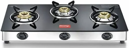 Prestige Marvel Plus Stainless Steel 3 Burner Glass Top Manual Gas Stove, Black, GTM 03LSS